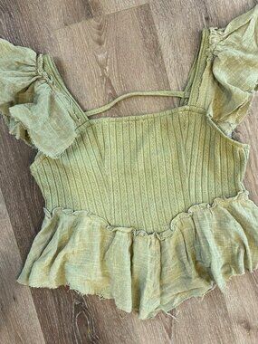 Willow & Root Green Fairy Ruffle Sleeve Mixed Fabric Crop Top L